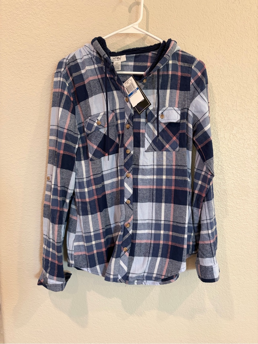 Just Polly Plaid Hooded Flannel Shirt Size L NWT